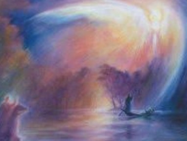 Acuarela: una barca sobre el lago al atardecer, bajo una gran luz, escena del cuento de Parzival